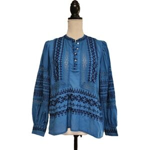 Sundance Blue Floral Embroidered Sheer Crochet Puff Sleeve Henley Size XS